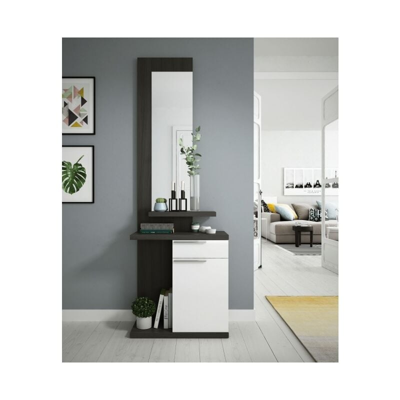 

Mueble de recibidor 61x186H Blanco brillante y gris ceniza con espejo | Blanco brillante y gris ceniza