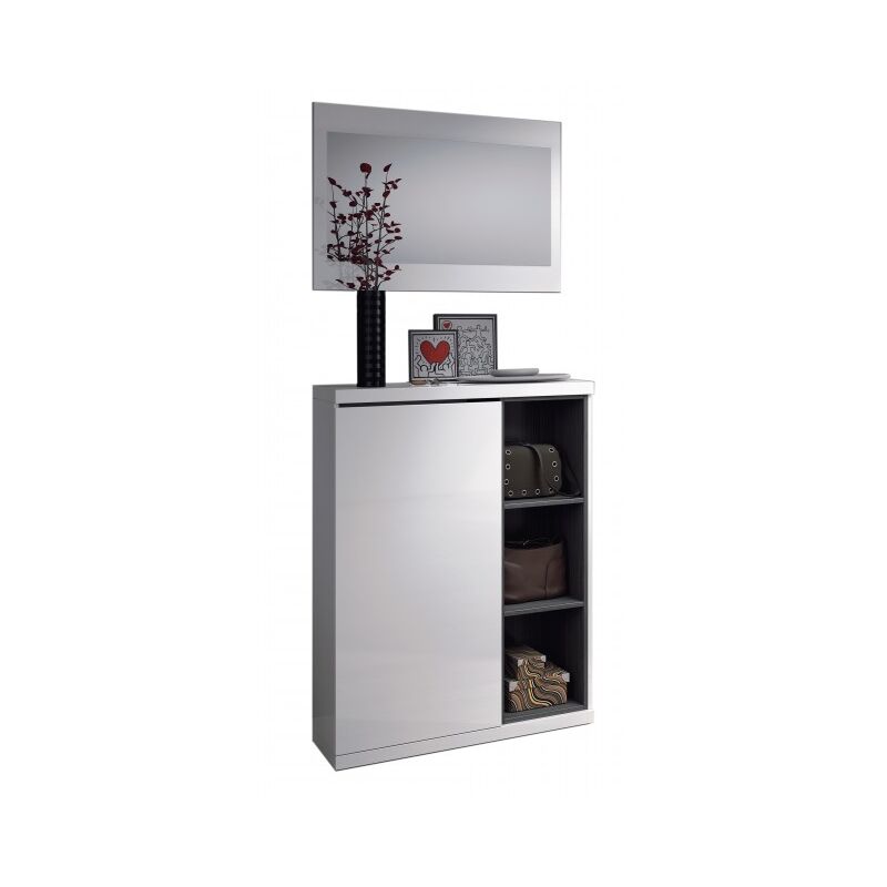

Caesaroo - Mueble de recibidor 79x108H cm Blanco brillante y gris ceniza con zapatero y espejo | Blanco brillante y gris ceniza