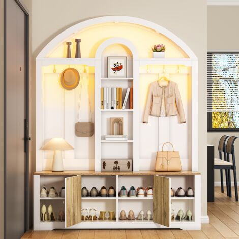 Mueble de recibidor con 2 Puertas, 3 Nichos y Ganchos, con Tira LED USB, Estilo Nórdico, en MDF, 150×40×195 cm, Blanco