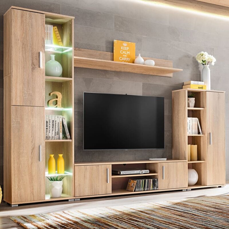 

Mueble de salón de pared para TV con luces LED roble Sonoma - Marrón