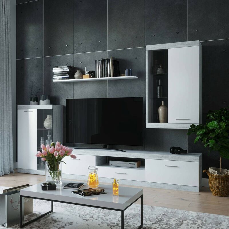 

Mueble de salón modular EsCanar hormigón y blanco de 245 cm