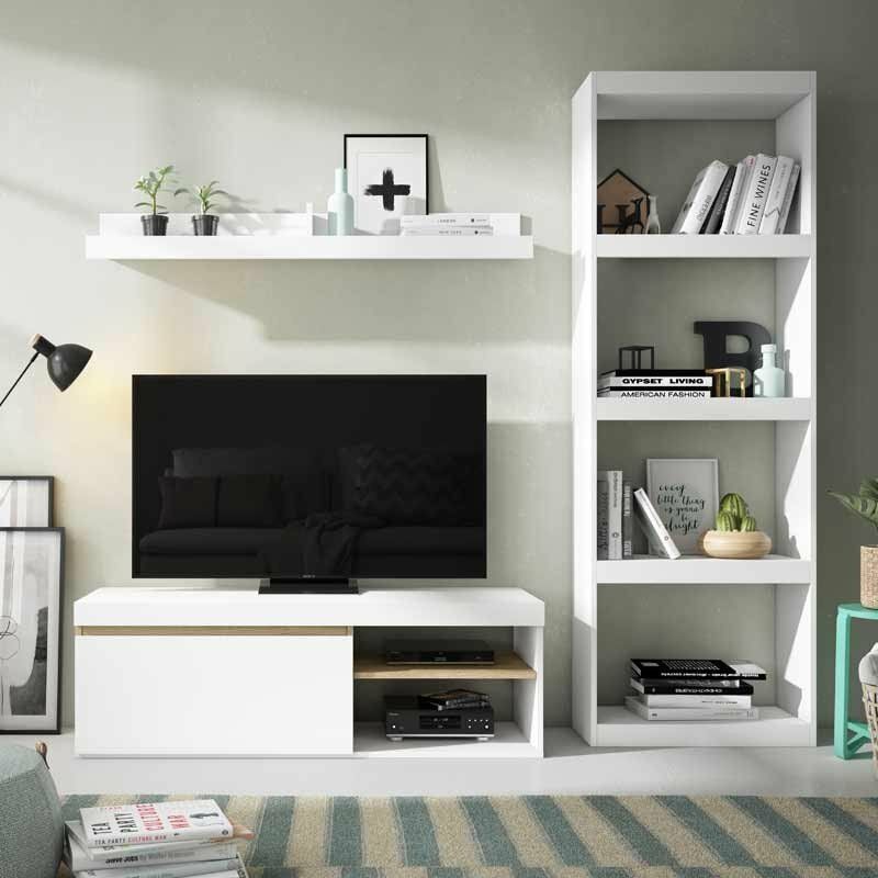 

Mueble de salón Comedor Color Blanco Mate y Naturale Moderno nórdico Muebles (Mesa TV + Estante + librería)