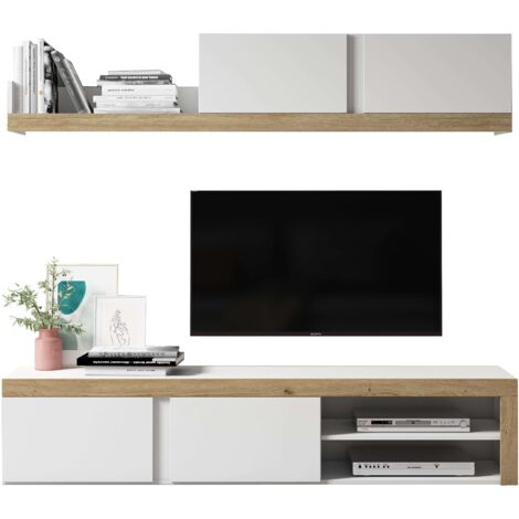 Mueble de salón Comedor Fly 2 módulos Color Blanco y Naturale Estilo Moderno almacenaje 200x180x40 cm