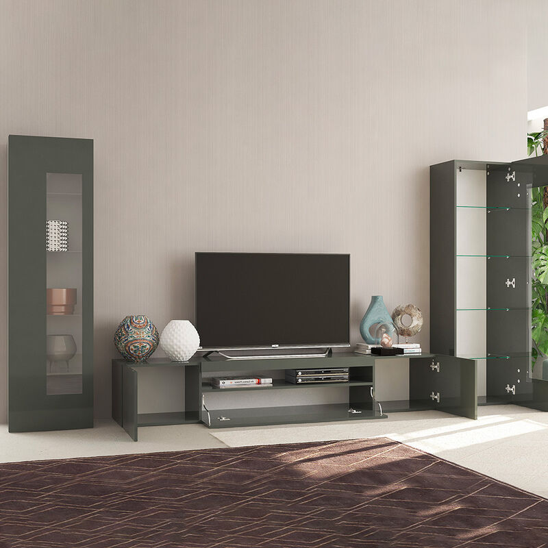 

Mueble de pared antracita brillante para salón con soporte de TV y 2 vitrinas Daiquiri