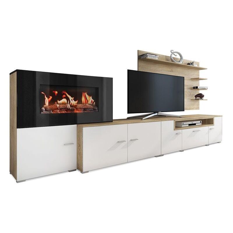 

Mueble salón comedor con chimenea eléctrica con 5 niveles de llama, acabado Blanco Mate y Roble claro cepillado, medidas: 290 x 170 x 45 cm de fondo
