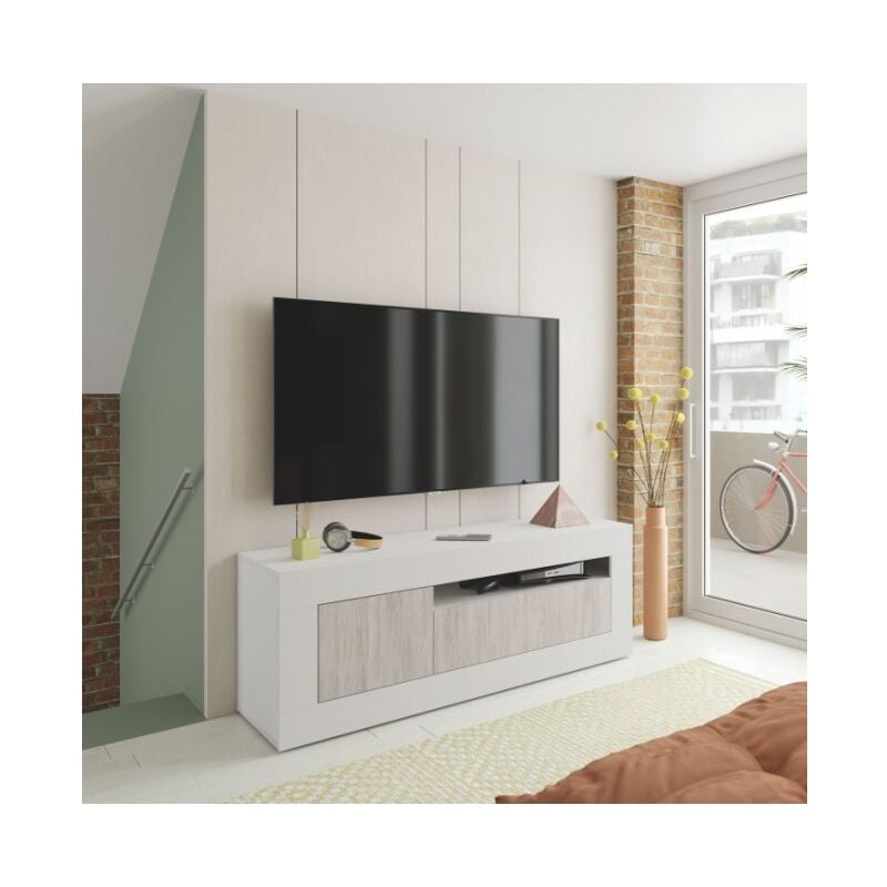 

Mueble de salón para TV 139 cm blanco mate y antiguo con 2 puertas | Blanco