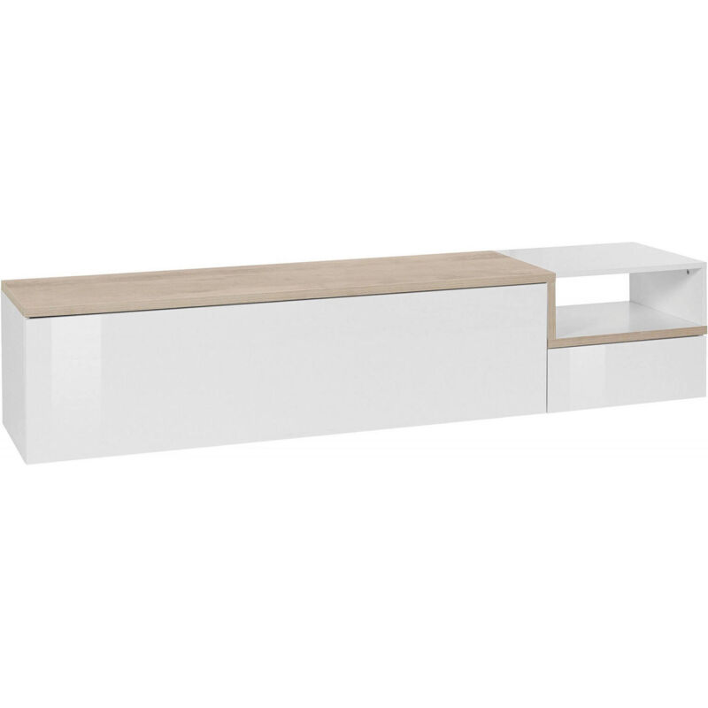 

Mueble de salón para TV Made in Italy, mueble para TV con 1 puerta abatible y estantes, cm 200x40h48, blanco brillante y color arce - Dmora