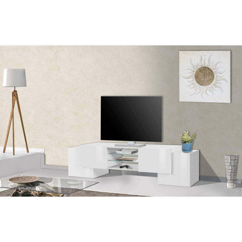 

Dmora Mueble de salón para TV Dmora, Made in Italy, mueble para TV con 4 puertas y estantes, 190x45h45 cm, con luz LED, color blanco brillante