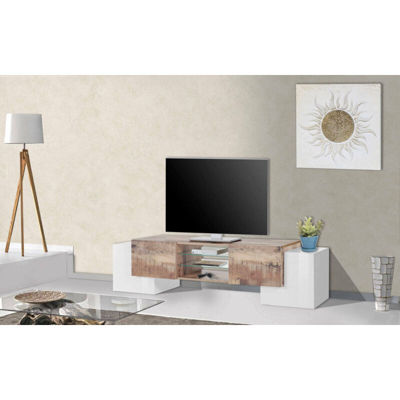 

Mueble para TV para sala de estar, Made in Italy, Mueble para TV para sala de estar con 4 puertas y estantes, 190x45h45 cm, con luz LED, Blanco