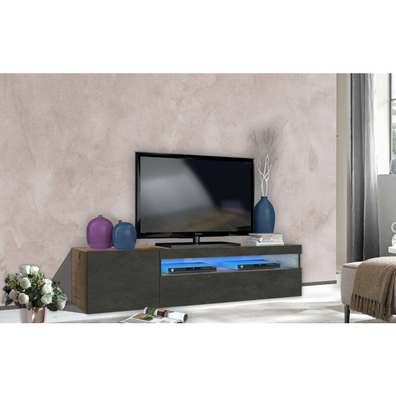 

Mueble de salón para TV Made in Italy, soporte para TV con 2 puertas, cm 150x40h37, color arce y gris pizarra, con luz LED azul - Dmora