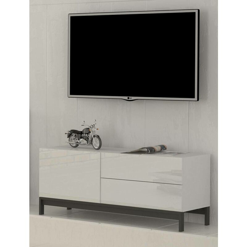 

Dmora - Mueble de salón para TV Made in Italy, Soporte para TV elevado para salón, 1 puerta y cajones, 110x40h47 cm, color blanco brillante