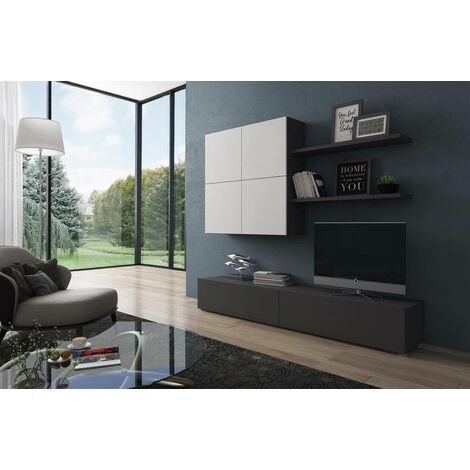 main image of "Mueble de salón reversible Dmora, mueble de TV con mueble de pared y estantes, salón completo, cm 200x31h39, color antracita y blanco"