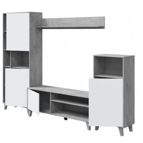 Mueble de salón TV 260 cm blanco mate y cemento con base 135x40x50 cm – Tours