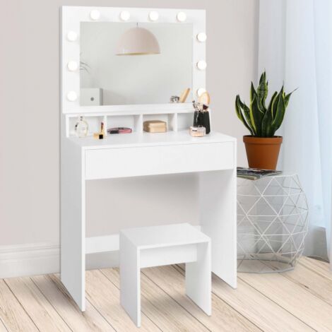 Mueble de tocador ZELIA con espejo LED, 4 huecos, 1 cajón y taburete