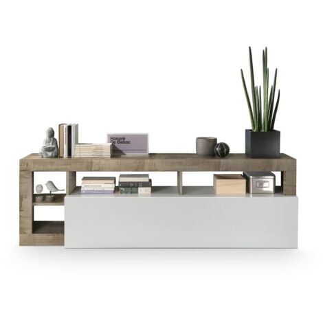 LES TENDANCES Mueble TV SEFRO - 1 puerta y 4 estantes - Blanco lacado y roble