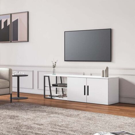 Mueble de TV 150 cm moderno color blanco brillo negro con 2 puertas Hyeres