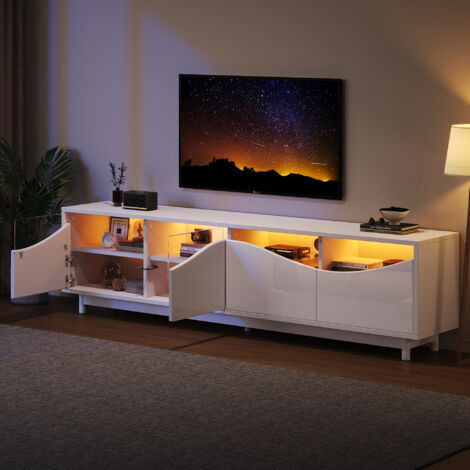 Mueble de TV 175x38x51 cm, diseño curvo, puertas de cristal templado, LED, MDF, apto para dormitorio, salón, color blanco