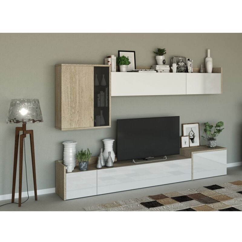 

Mueble de TV 270 cm Blanco brillante y roble claro | Roble claro/blanco