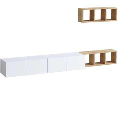 CALICOSY Mueble de TV 4 puertas blanco con estantería de roble L215 cm - PIA