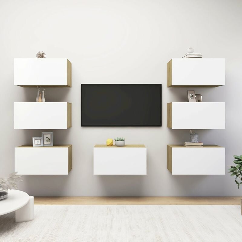 

Mueble de TV 7 uds aglomerado blanco roble Sonoma 30,5x30x60 cm