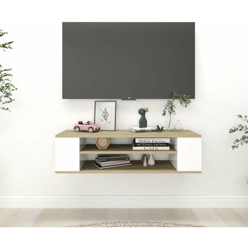 

Mueble de TV aglomerado blanco roble Sonoma 100x30x26,5 cm