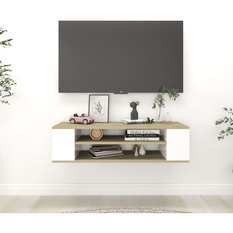 

Mueble de TV aglomerado blanco roble Sonoma 100x30x26,5 cm