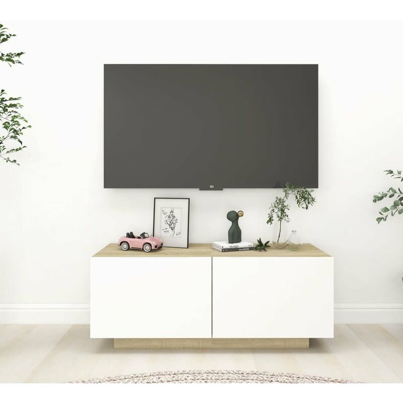 

Happyshopping - Mueble de TV aglomerado blanco y roble Sonoma 100x35x40 cm