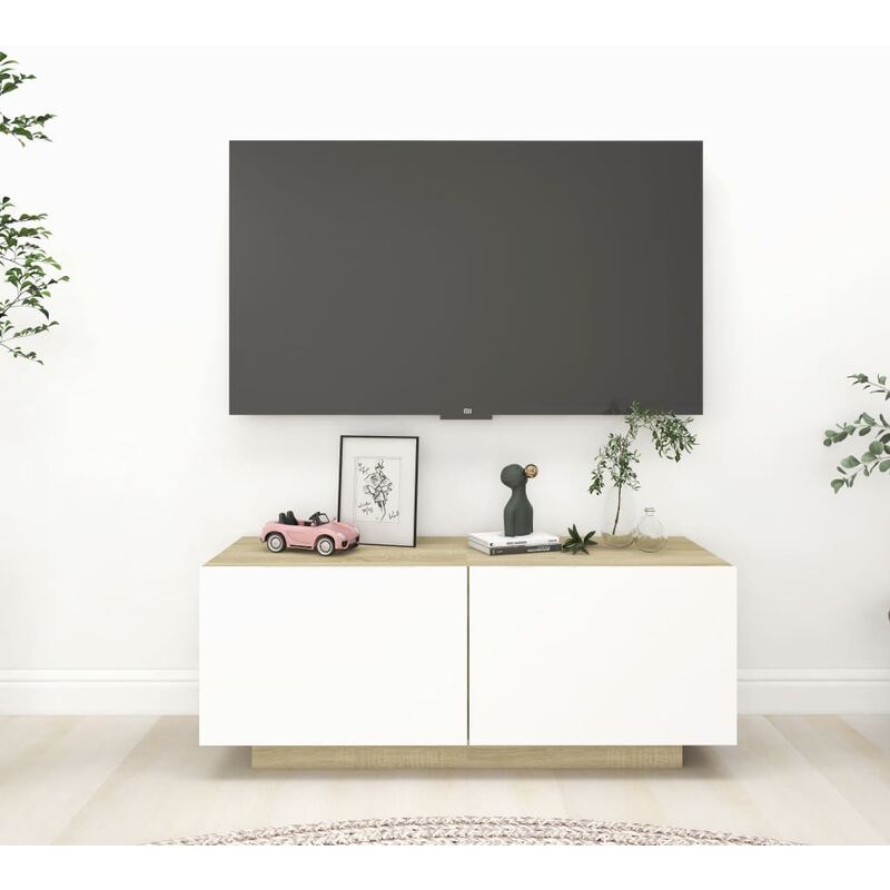 

Mueble de TV aglomerado blanco y roble Sonoma 100x35x40 cm