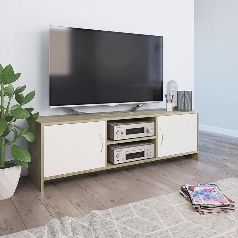 

Mueble de TV aglomerado blanco y roble Sonoma 120x30x37,5 cm