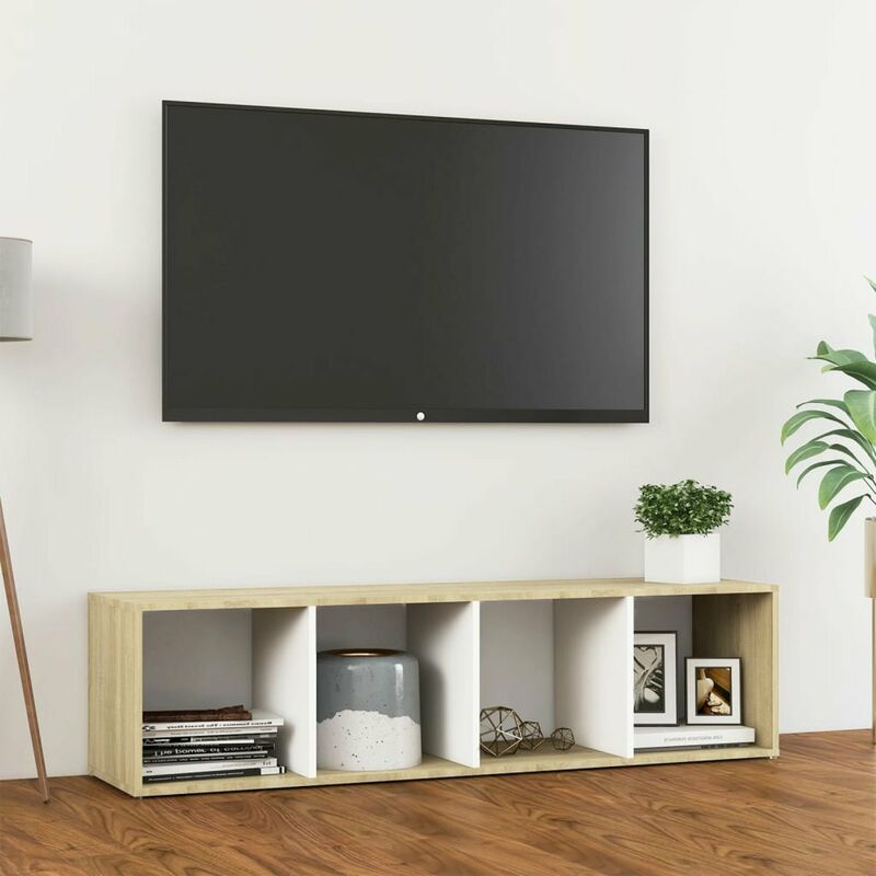 

Mueble de TV aglomerado blanco y roble Sonoma 142,5x35x36,5 cm