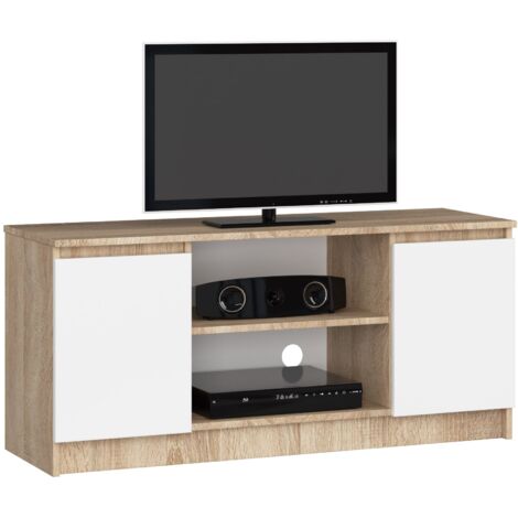 Mueble de TV AKORD Roble Sonoma 120 cm 2 puertas frente en color Blanco 2 estantes 120x40x55 cm
