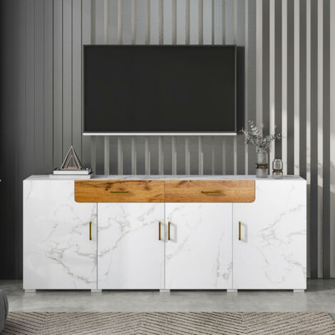 Mueble de TV, aparador 208 x 39,5 x 80 cm, 4 puertas y 2 cajones, mueble de almacenaje para salón/comedor, color blanco