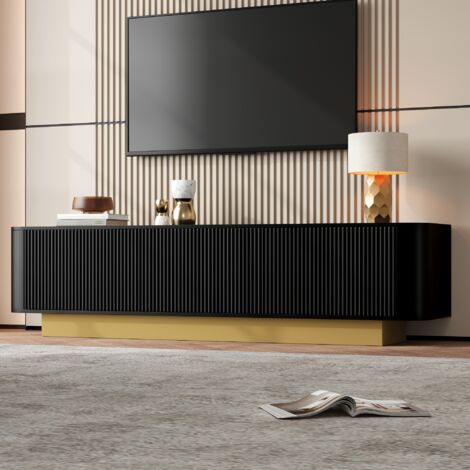 Mueble de TV bajo con 3 puertas, almacenaje y gestión de cables, apto para salón y dormitorio, 170x40,5x47 cm, MDF negro