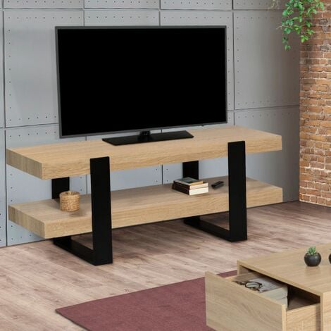 Mueble de TV bandeja doble, madera y negro PHOENIX