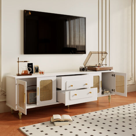 Mueble de TV blanco, 4 puertas de cristal, 2 cajones, patas de madera, múltiples compartimentos de almacenamiento, 175 x 38 x 55,5 cm