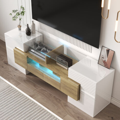 Mueble de TV blanco alto brillo de 145 cm con iluminación LED, 145x30x51 cm