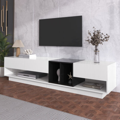 Mueble de TV blanco brillante y negro, mueble bajo para TV con diseño de bloques de color y múltiples espacios de almacenamiento, 190x40x34 cm