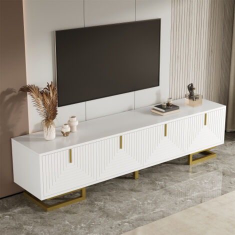 Mueble de TV blanco con puertas texturizadas, tiradores y patas dorados, 160x38x45 cm