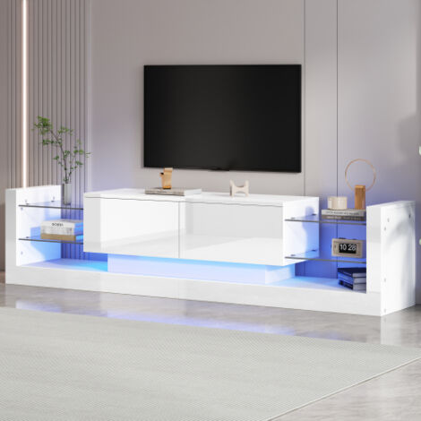 Mueble de TV blanco de alto brillo con iluminación LED, mueble de TV de 181 cm con 2 cajones abatibles, frente de cristal
