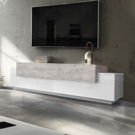 Mueble de TV blanco y gris cemento 200 cm diseño 3 compartimentos Corona Low Bronx