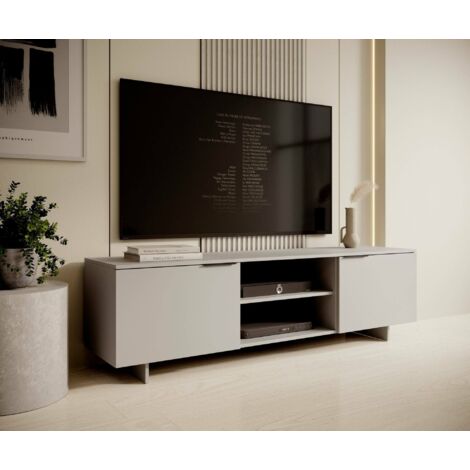 Mueble de TV Buono, aparador de salón con dos puertas batientes y dos compartimentos abiertos, elevado del suelo, 180x42 h55 cm, beige