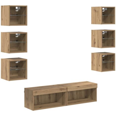 Mueble de TV con cajón 8 pcs Roble artesanal Cristal vidaXL