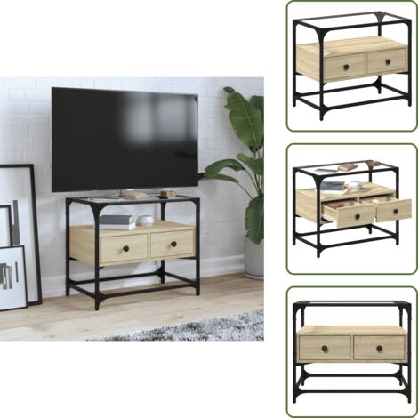Mueble de tv con cajones - vidaXL Mueble TV cristal y madera ingeniería roble Sonoma 60x35x51 cm - Mueble de tv con almacenamiento