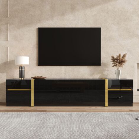 Mueble de TV con cajones y puertas, bordes dorados, acabado brillante, negro, 180x40x38 cm