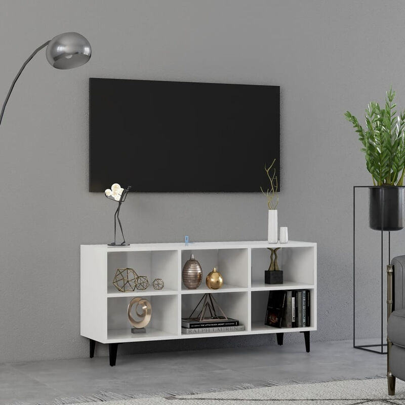 

Happyshopping - Mueble de TV con patas de metal blanco brillante 103,5x30x50 cm