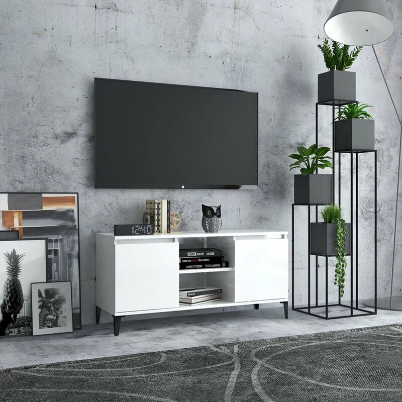 

Happyshopping - Mueble de TV con patas de metal blanco brillante 103,5x35x50 cm