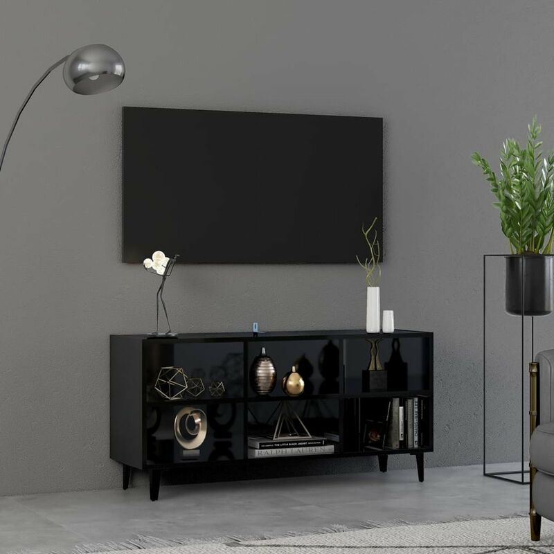 

Happyshopping - Mueble de TV con patas de metal negro brillante 103,5x30x50 cm