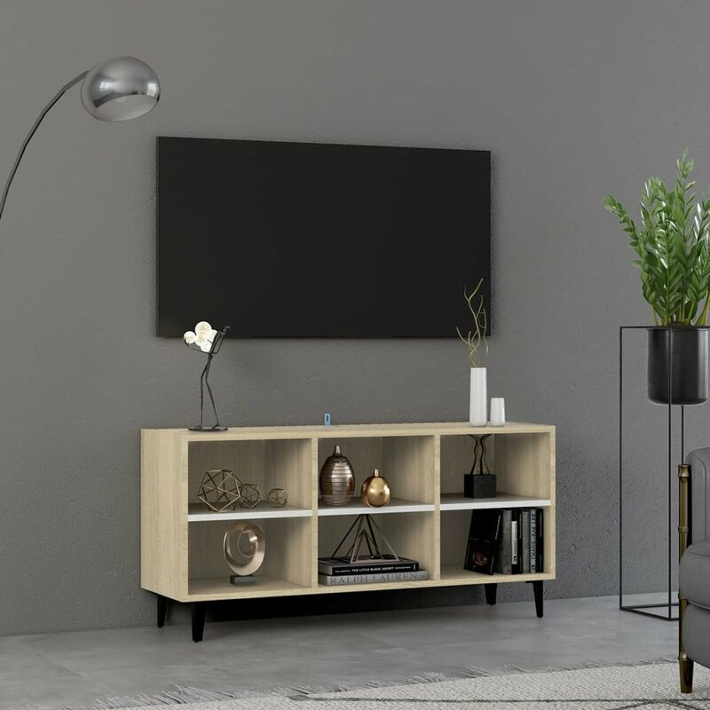 

Happyshopping - Mueble de TV con patas metal blanco roble sonoma 103,5x30x50 cm