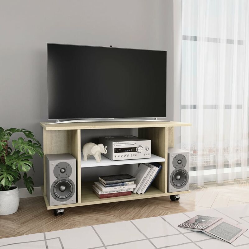 

Mueble de TV con ruedas aglomerado blanco y Sonoma 80x40x40 cm