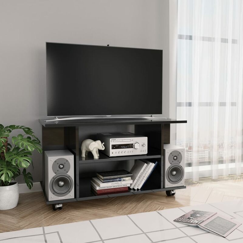 

Mueble de TV con ruedas aglomerado negro brillante 80x40x40 cm